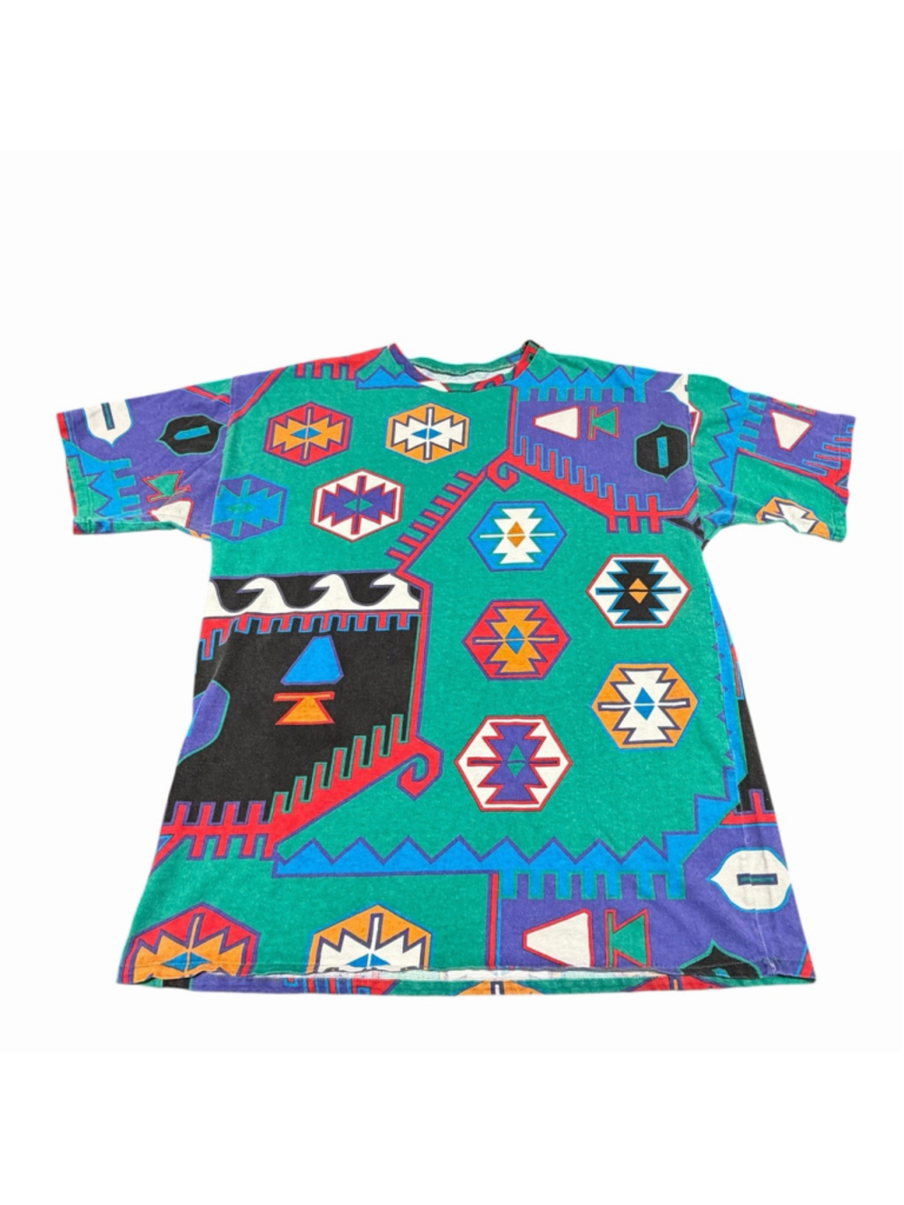 Vintage Frank Southwest Aztec Geometric All Over Print T-Shirt Green USA Size L